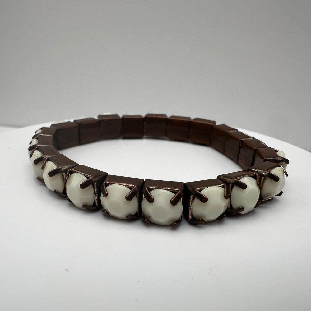 Vintage 80s White Opaque Crystal Bracelet Bronze Tone Women's Jewelry - Picture 5 of 10